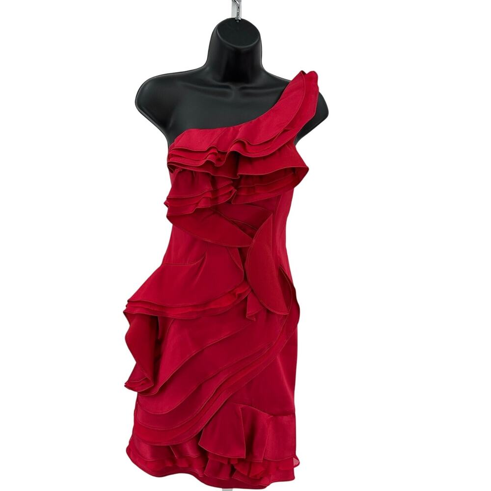 BCBGMaxAzria Mini Dress SZ 8 Jonesy Ruby Red Ruffle Cocktail Party One Shoulder